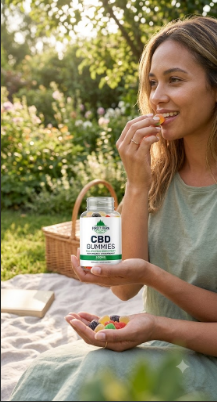 Woman in a garden enjoying Forest Green Farms CBD Gummies from the bottle